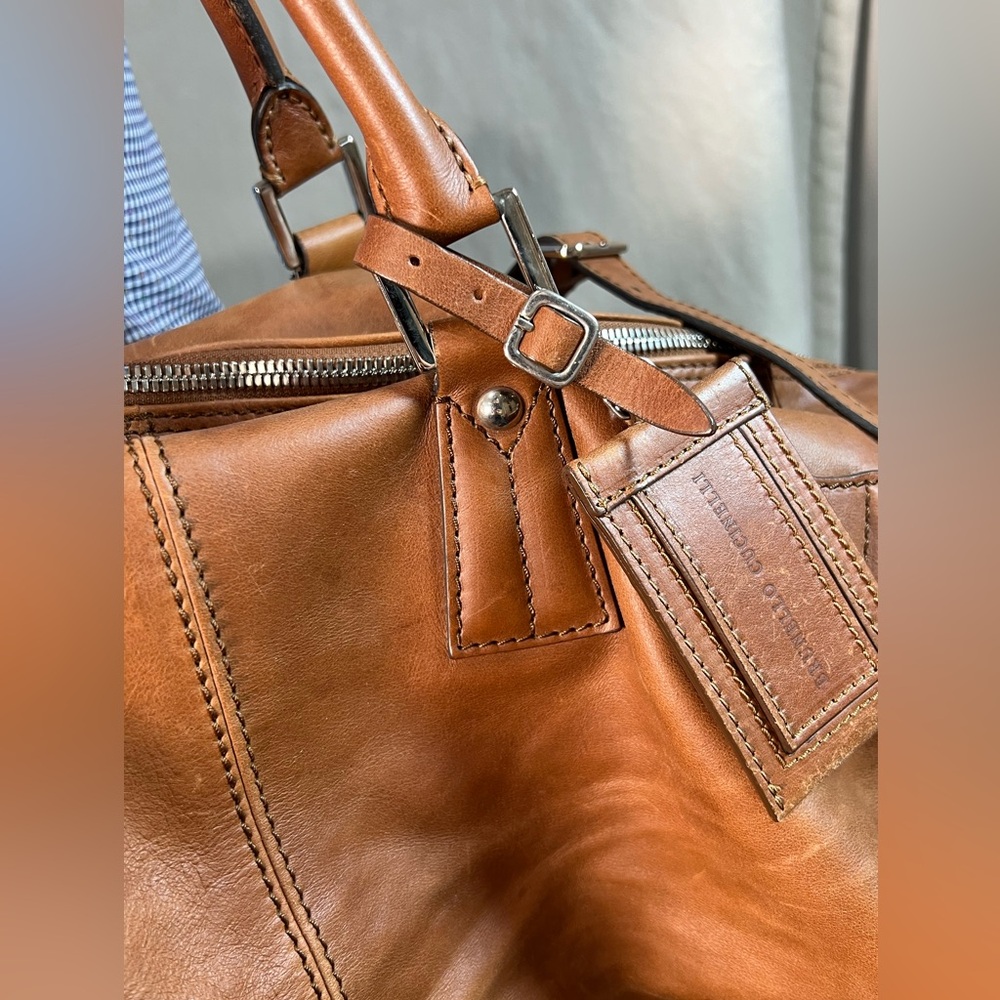 $7K Brunello Cucinelli Soft Glove Leather Duffle Weekend Bag Brown Cognac Unisex - Picture 7 of 15